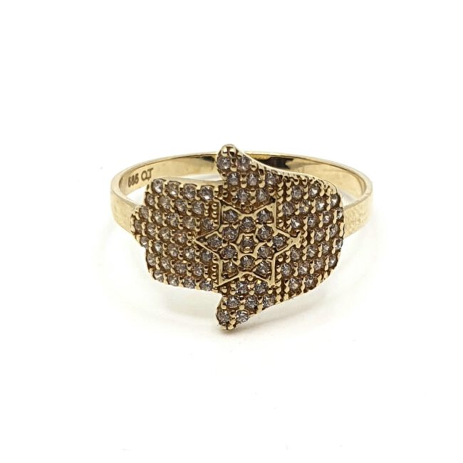 טבעת זהב 14 קראט בעיצוב חמסה משובצת זרקונים gr231